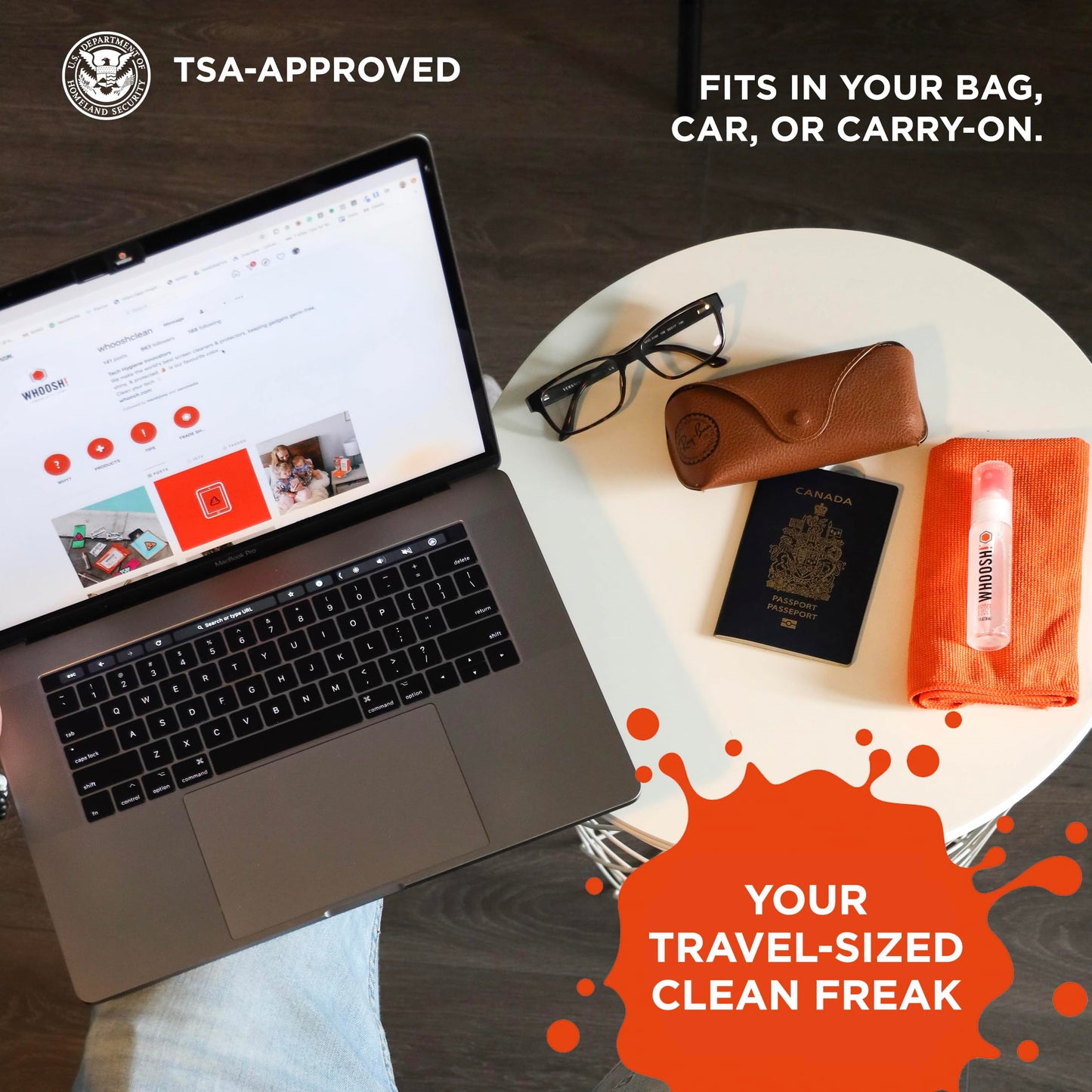 WHOOSH! Screen Shine Go - 1 fl oz Refillable Screen Cleaner Kit with Microfiber Cloth for MacBook, Phone, iPad & Eyeglasses - Powerful Streak-Free