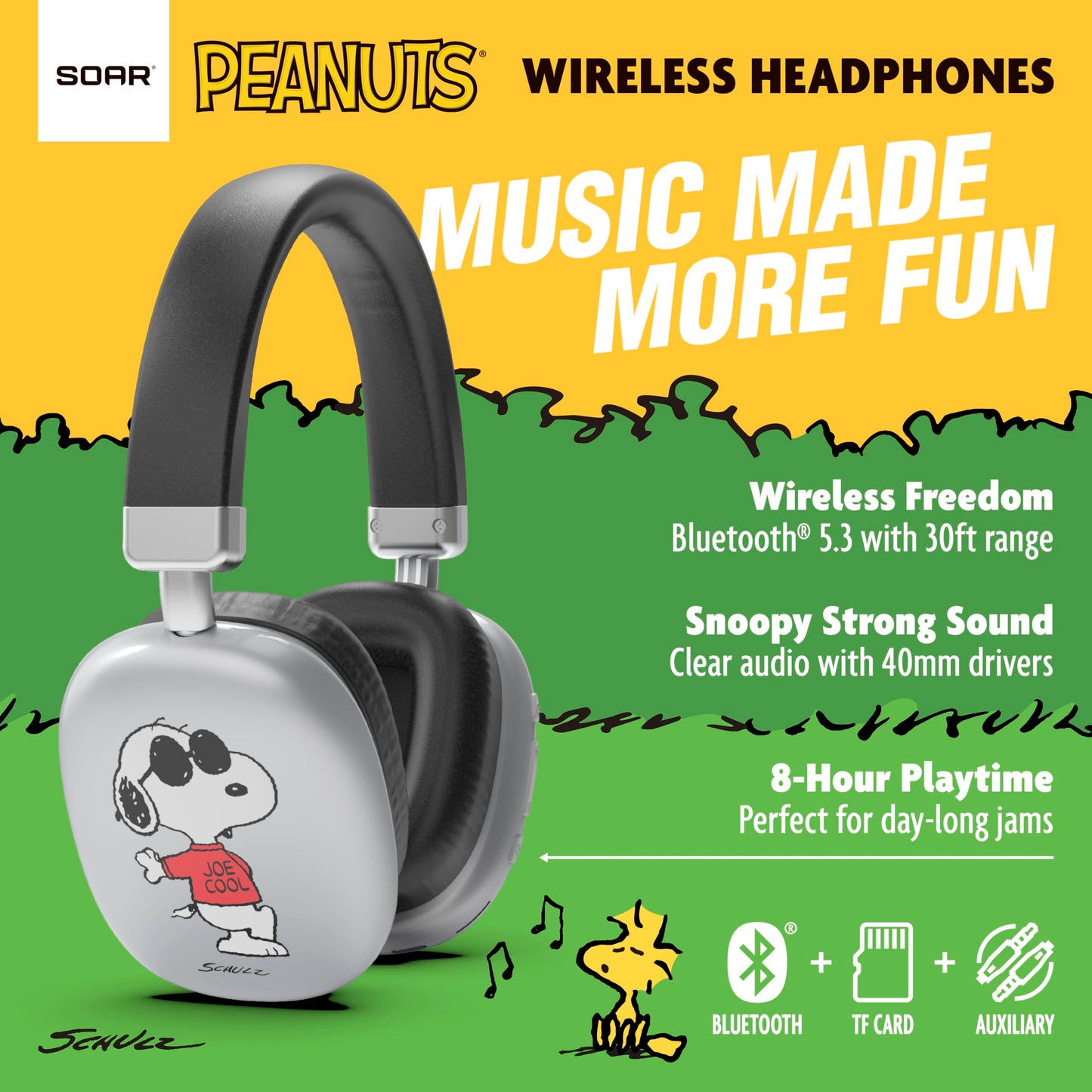SOAR Peanuts Active Noise Cancelling Wireless Headphones Silver- Snoopy