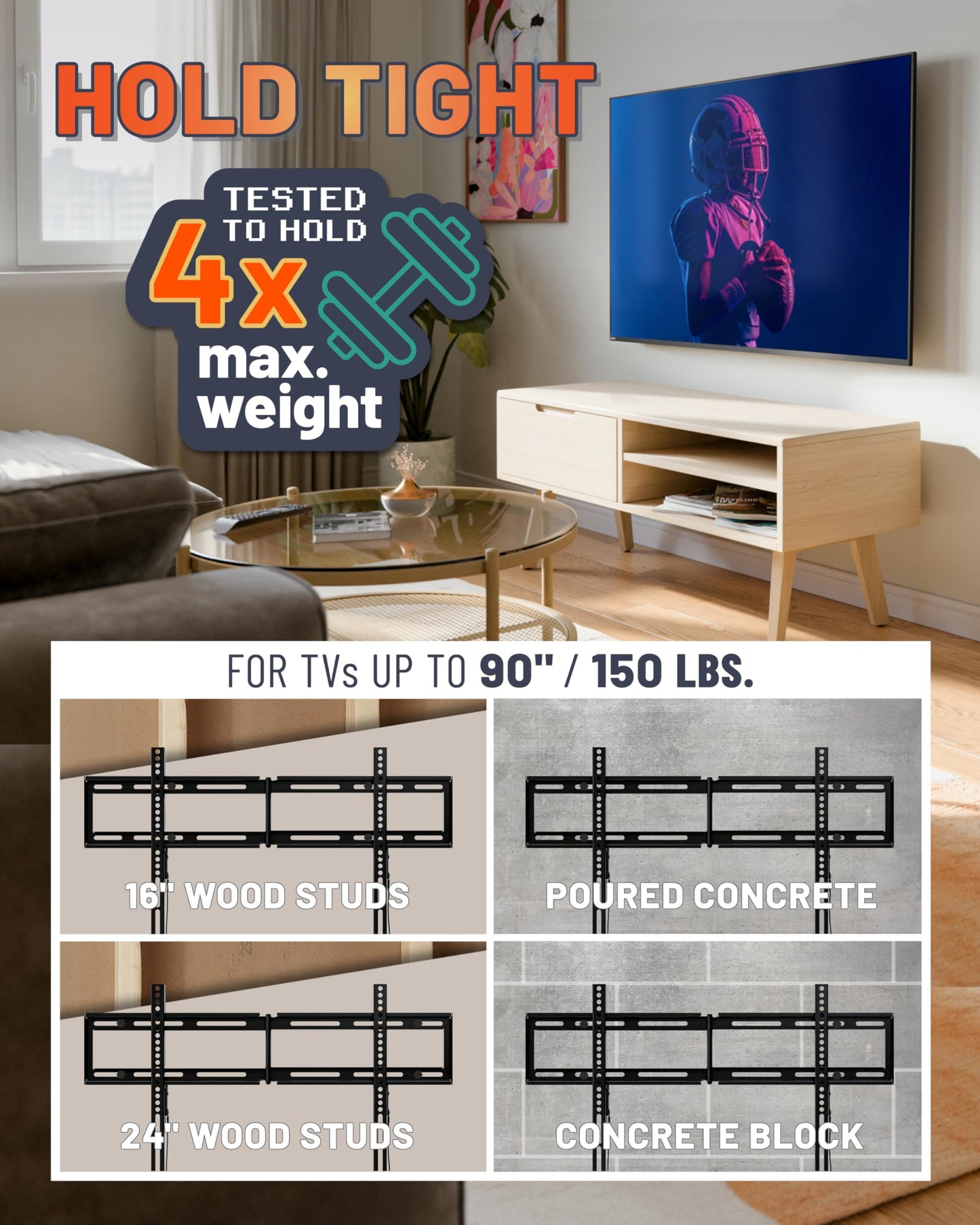 ECHOGEAR Fixed TV Wall Mount for 32" to 90" Screens up to 150lbs - Universal XL TV Mount Keeps Low 1.18” Profile - DIY Install w/Included Hardware