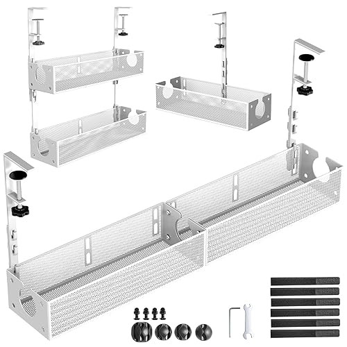 Multi-Model Under Desk Cable Management 2 Pack Metal Under Desk Wire Management Tray Clamp Mount Under Table Cord Management No Damage The Desk White
