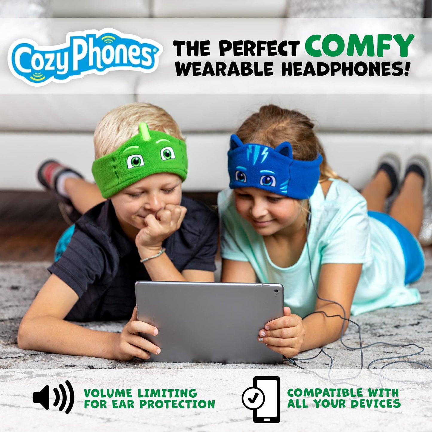 CozyPhones PJ Masks Gecko Kids Headphones Over The Ear Headband Headphones - Volume Limited with Thin Speakers & Soft Fleece Headband