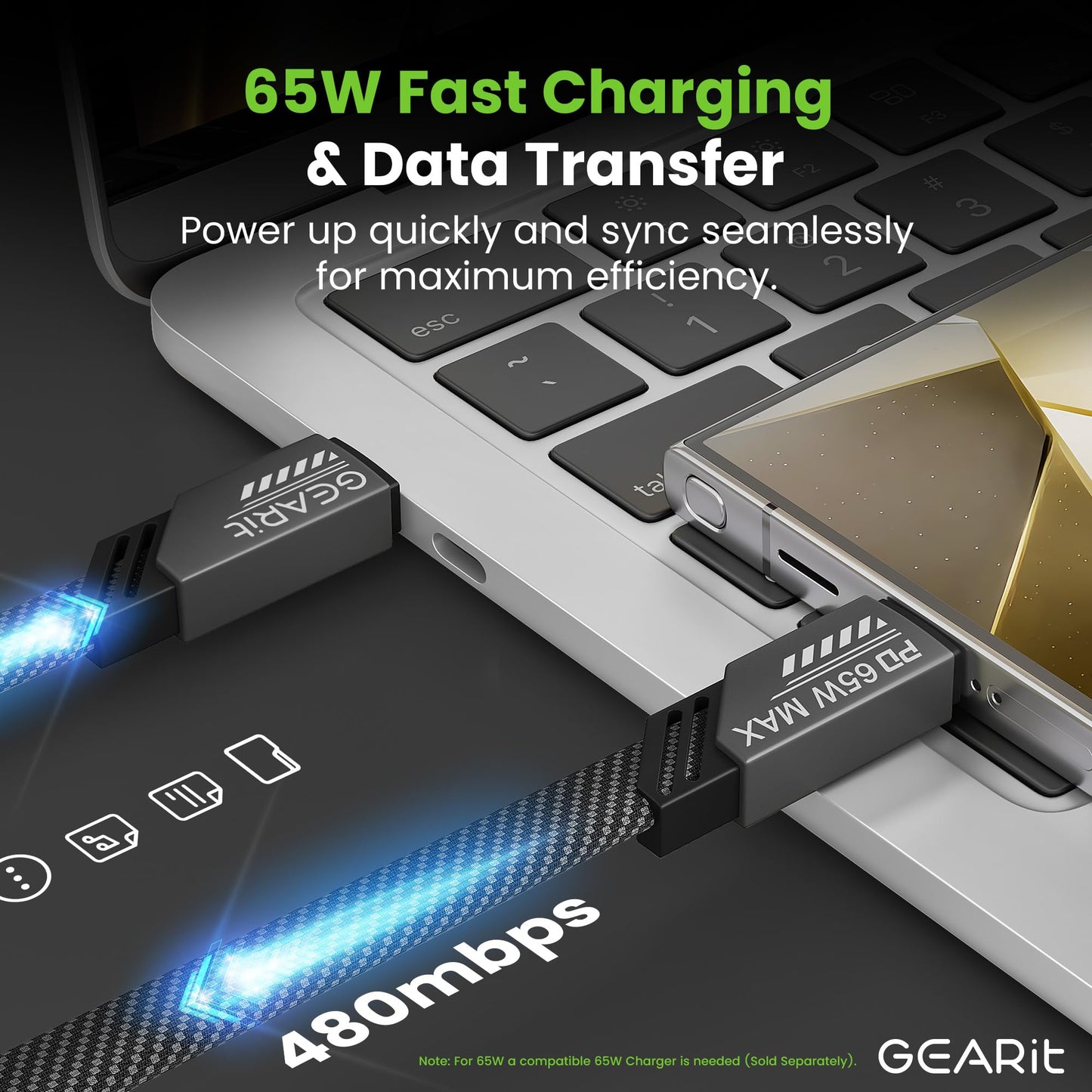 GEARit High Speed 65W USB-C Cable - Fast Charging Flat Cable - Compatible with Apple iPhone 15, 16, 16 Pro, iPad, MacBook, 3.3FT, Black