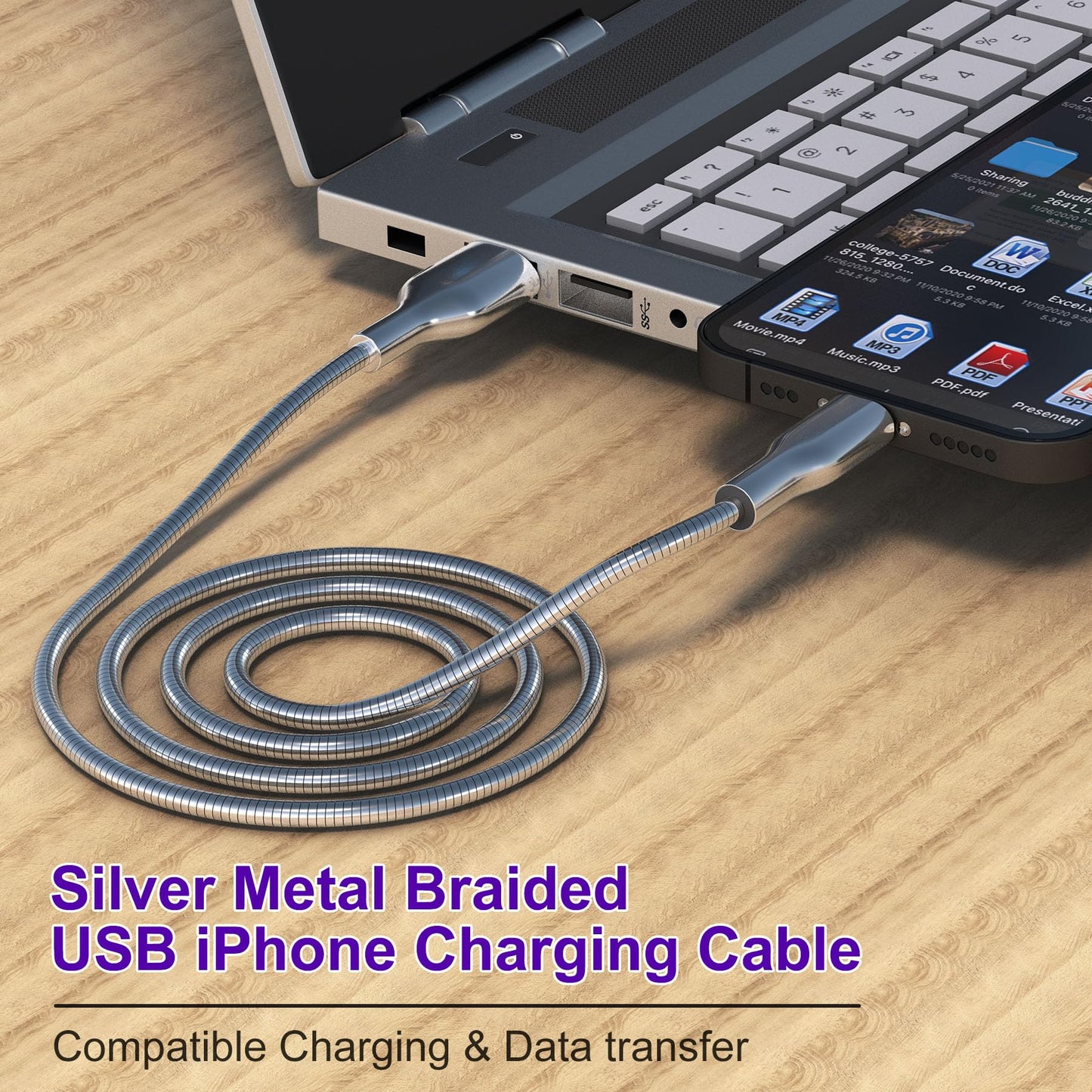 6FT Chew Proof iPhone Charger Cord - MFi Certified Silver Metal Braided USB to Lightning Cable, Metal Dog Cat Chew Proof iPhone Charging Cord…