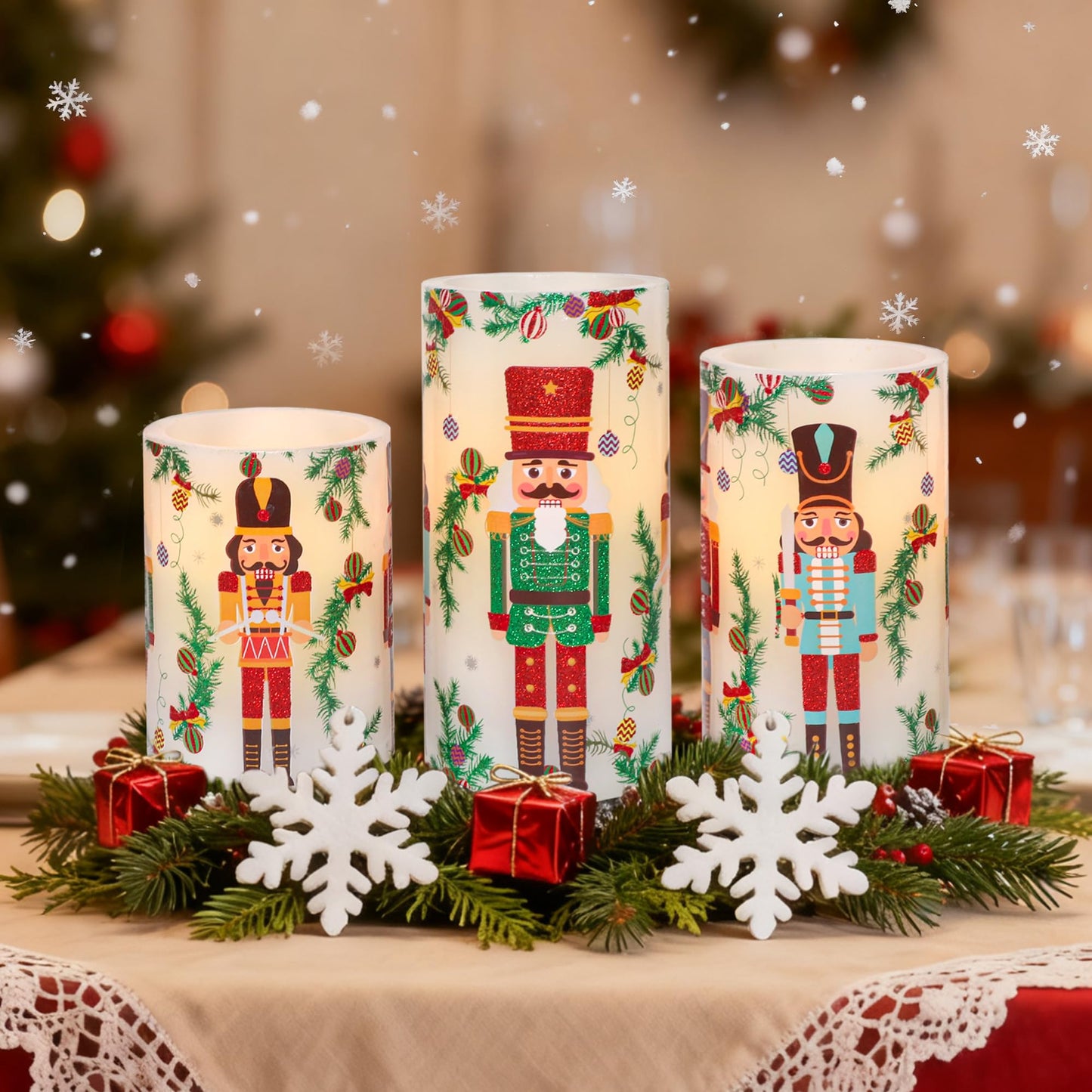Crystal Club Christmas Flameless Candles Battery Operated, Holiday Nutcracker LED Candles with Remote, Realistic Pillar Candles for Xmas Tree, Mantel