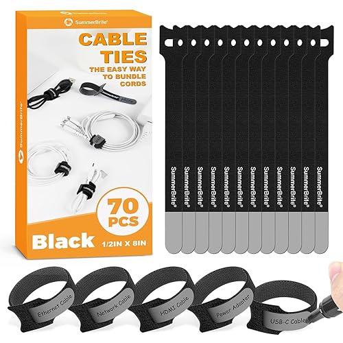 SummerBrite 70 Pack Black Cable Ties 8 Inch with Writable Labels, Reusable Cord Organizer Straps, Hook & Loop Wire Management for Extension Cords