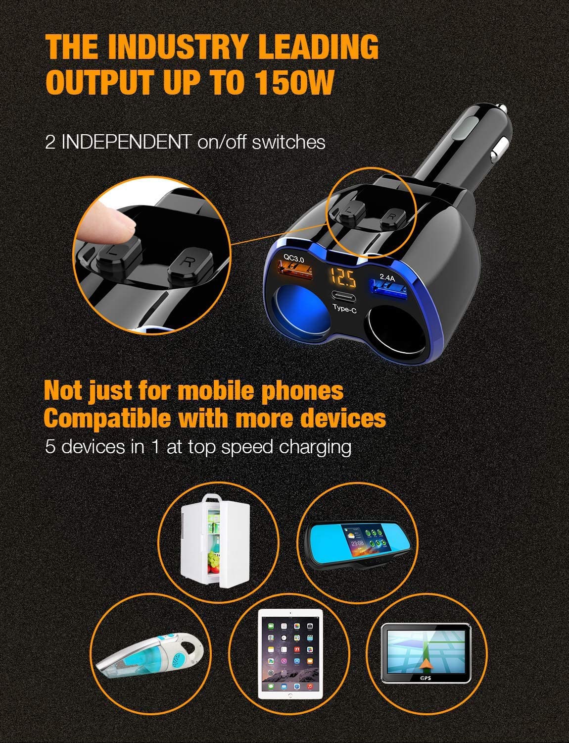 Car Charger, 150W 2-Socket Cigarette Lighter Splitter QC 3.0 Dual USB Ports 1 USB C Fast Car Adapter with Separate Switch LED Voltmeter Replaceable