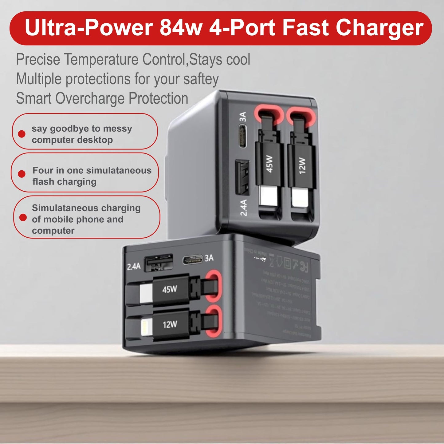 Trendwave 4-in-1 Retractable Charger, Foldable Plug 45W Multi Cable Dock Fast Charging Station for i Phone 17/16/15/14/13, i Pad - Black