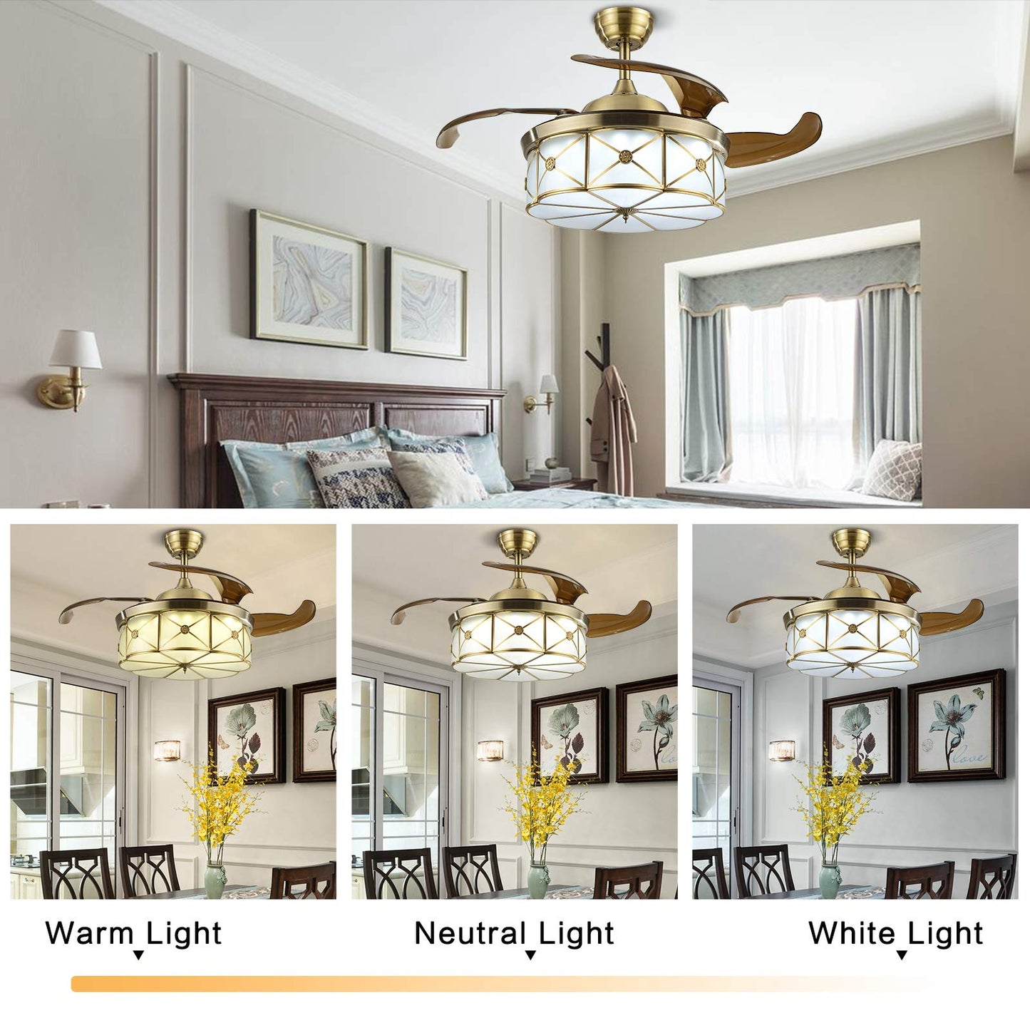 WUPYI Retro Creative Ceiling Fan Light and Remote,36 Inch Invisible Chandelier Fan Brown Retractable Blades 3 Color Changing Chandelier 3 Speeds,Quiet