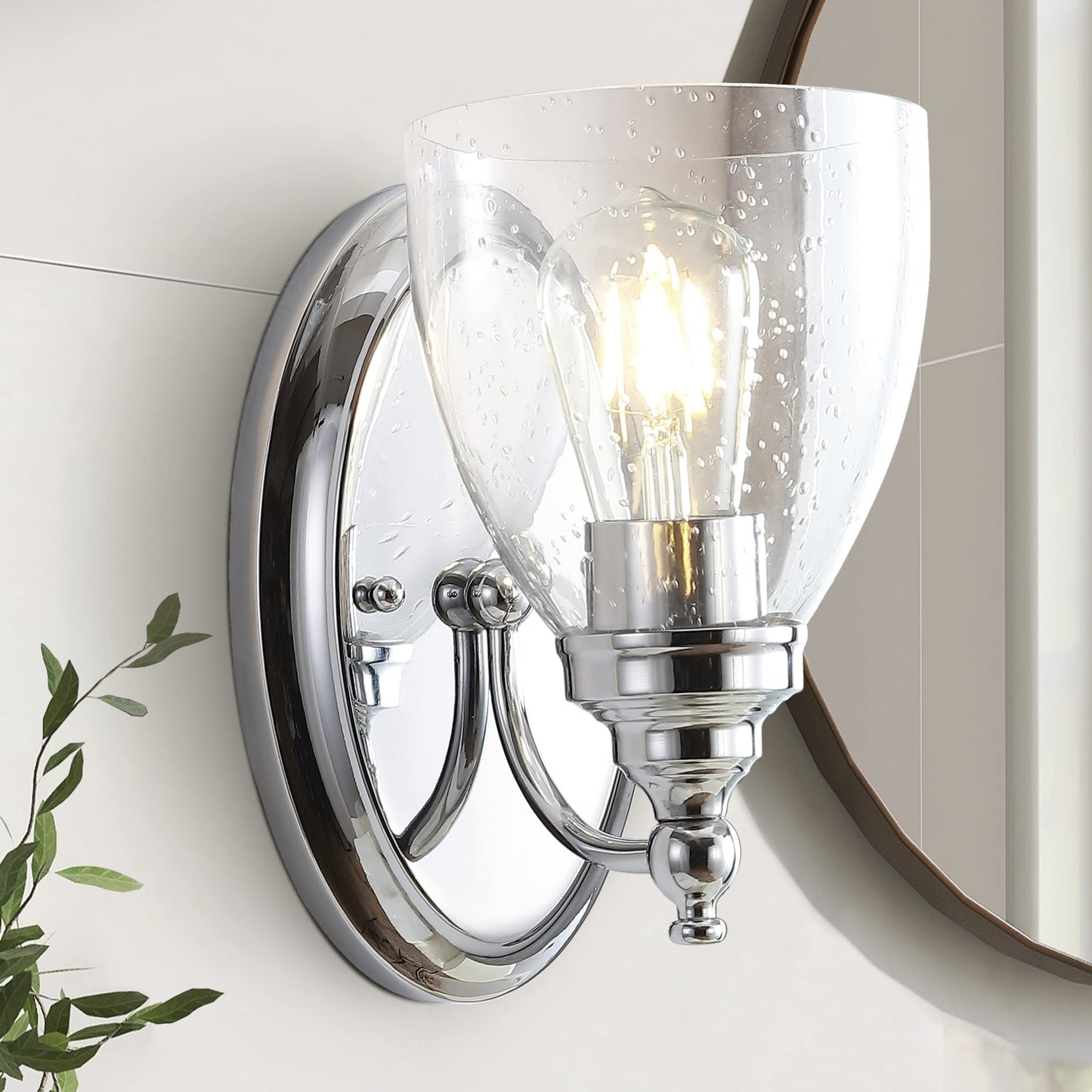 JONATHAN Y 5.5" Chrome LED Vanity Light Wall Sconce, Hardwired for Bathroom, Clear Seeded Glass Shade, Dimmable Mirror Hallway Lighting, LED Bulb