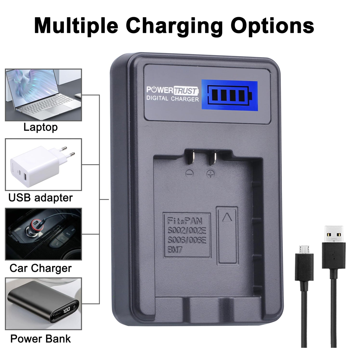 PowerTrust 2 Pack CGA-S006 CGR S006 S006E S006A S006 DMW-BMA7 DMW BMA7 Battery + LCD USB Charger for Panasonic DMC FZ7 FZ8 FZ18 FZ28 FZ30 FZ35