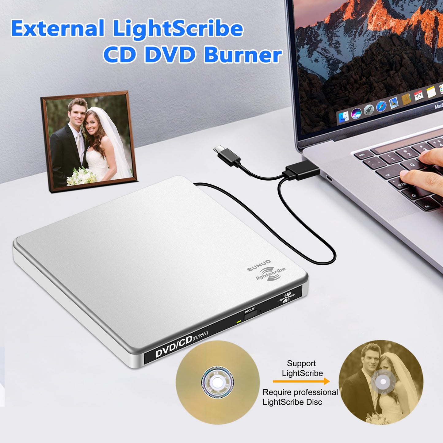 BUNUD LightScribe DVD Burner for Mac: USB C CD/DVD Drive External Portable Compatible with Laptop Windows Linux for Disc Labeling Wedding Photos
