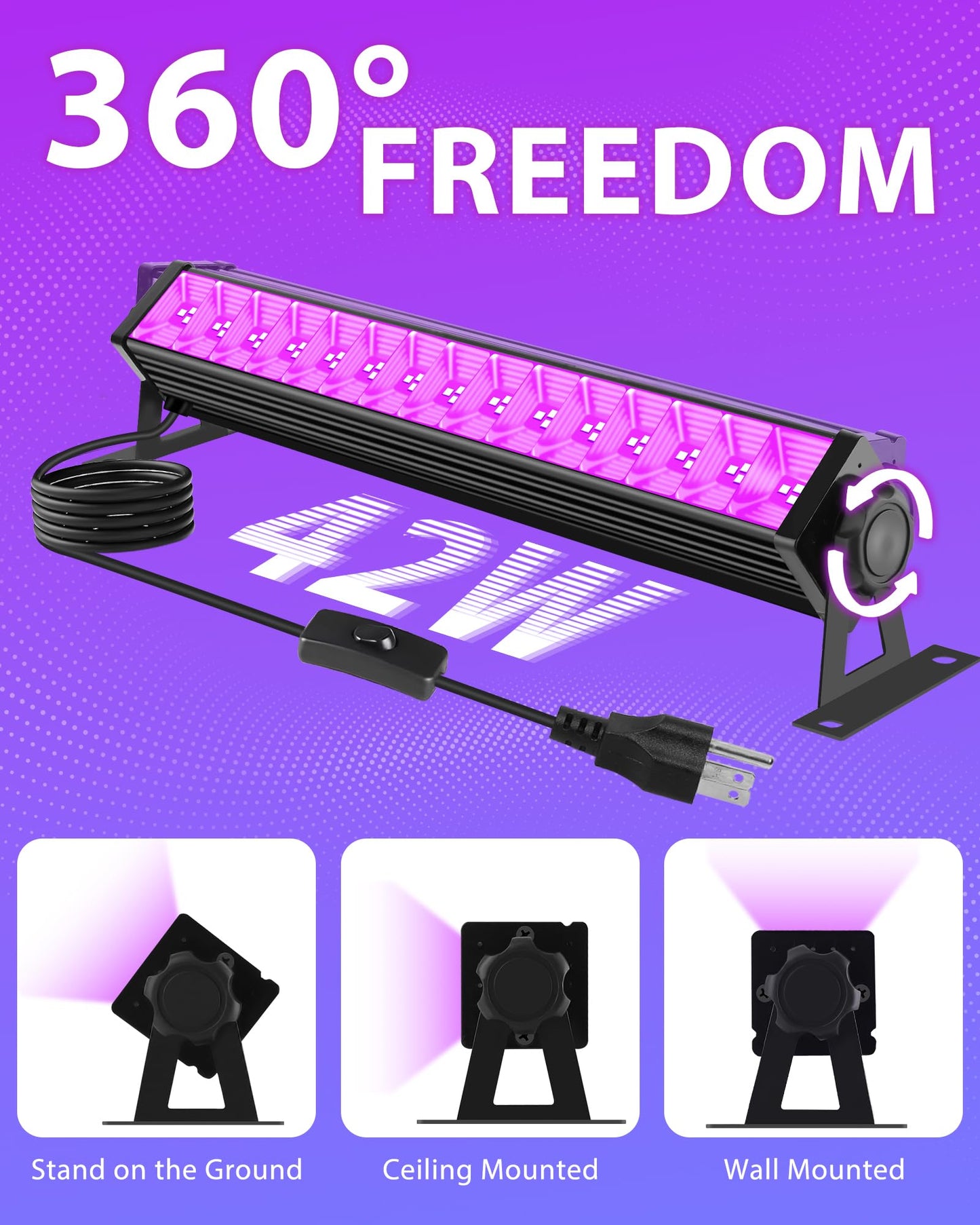3 Pack 42W LED Black Light Bar, Blacklight Flood Light with Plug & Switch & 5.9ft Power Cord, Each Light Up 24x24ft Area, for Glow Fluorescent Party
