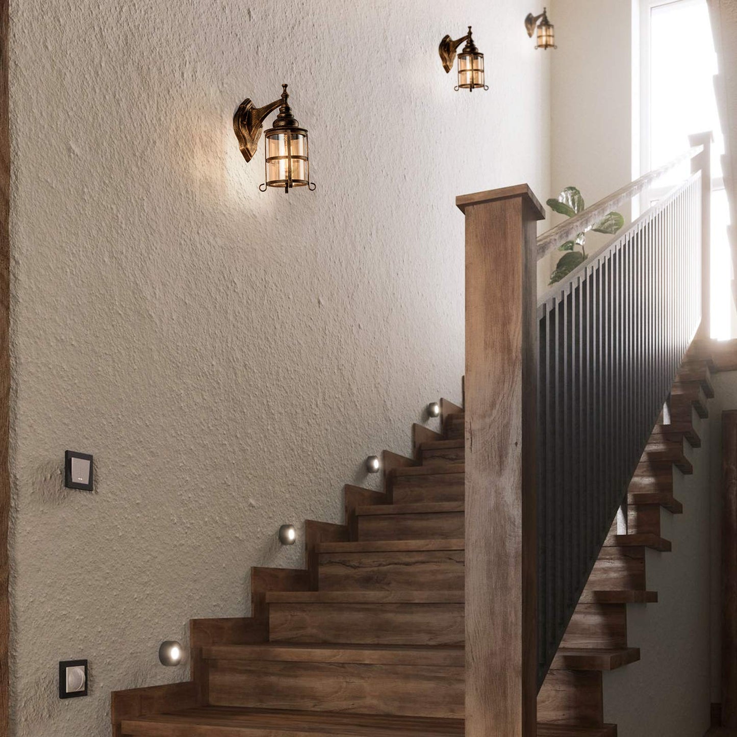 Plfann Rustic Amber Glass Wall Sconce 2-Pack, Bronze Brushed, Industrial Farmhouse Lamp Porch Lighting Waterproof Retro Lamp for Indoor Bedroom Living