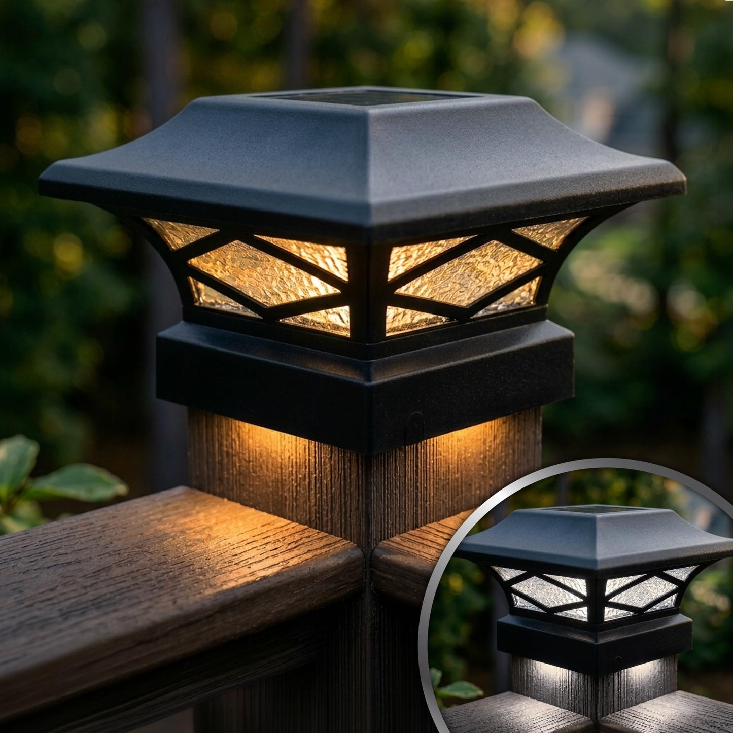 Classy Caps Kingsbridge Dual Lighted Solar Post Cap - Fits 3.5"x3.5", 4"x4", 5"x5", and 5.5"x5.5" Deck & Fence Posts - Black Aluminum, Real Glass