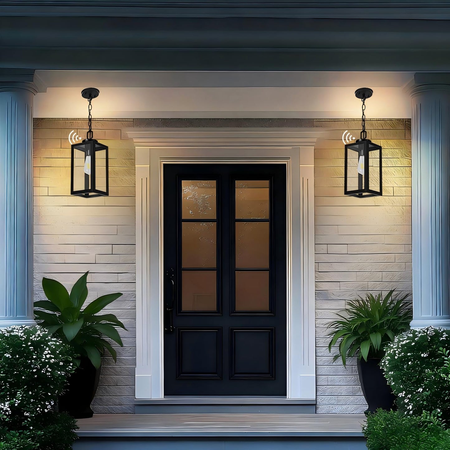 EIKESN 13" Dusk to Dawn Outdoor Pendant Light,Exterior Outside Chandelier Hanging Lantern Light, Matte Black with Clear Glass for Front Door,Porch