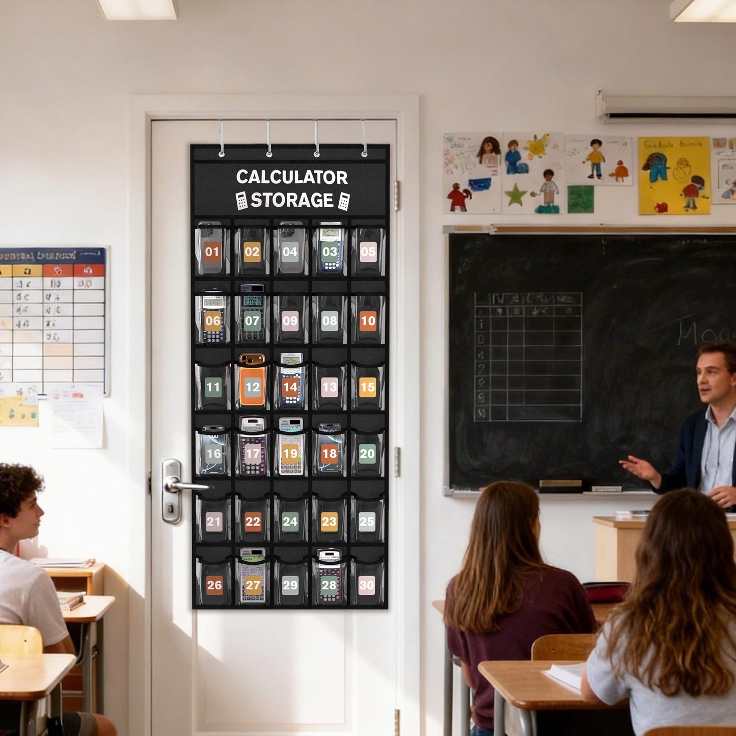30-Pocket Calculator Holder for Classroom, Hanging Calculator Pocket Chart with Clear PVC Pockets & Numbered Stickers, Calculator Storage Organizer
