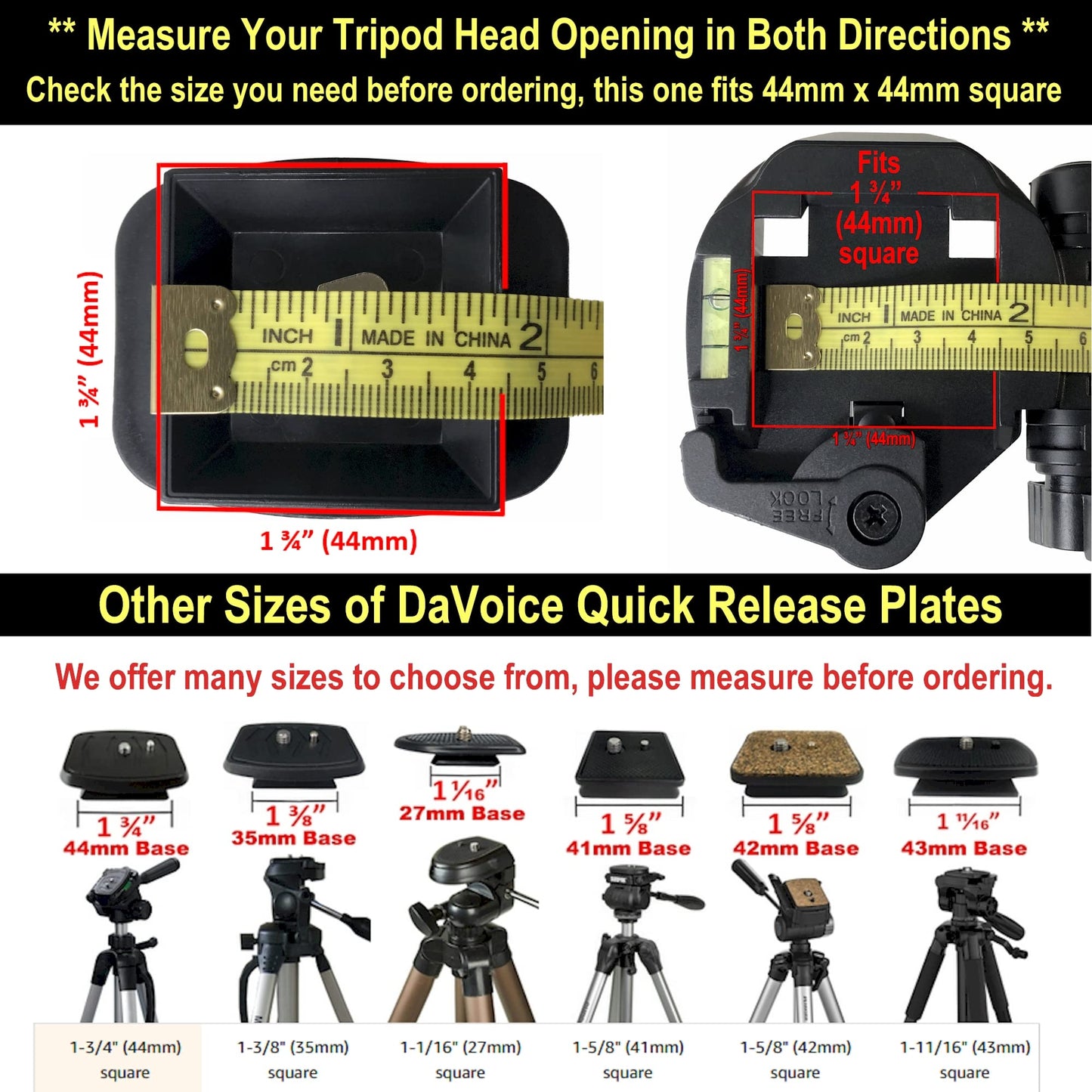 DaVoice 44mm Tripod Quick Release Plate Camera Mounting Adapter Parts Replacement for Certain Ambico, Velbon, Vista Explorer 60”, Sony, Sunpak