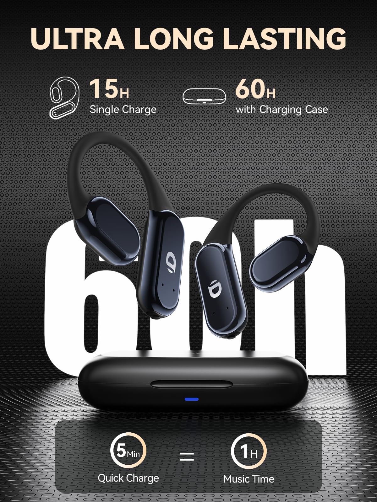 DEMICEA True Wireless Bone Conduction Earphones, OWS Open Ear Headphones with Earhooks, Bluetooth 5.3, Up to 60H Playtime with Case, IP68, AAC/SBC