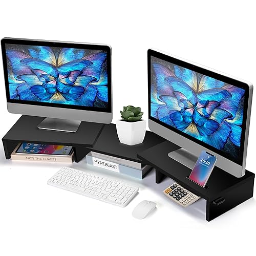 La Jaco Dual Monitor Stand Riser for 2 Monitors, Monitor Stand for Desk, Adjustable Length & Swivel Angle Wooden Desktop Organizer Stand Riser