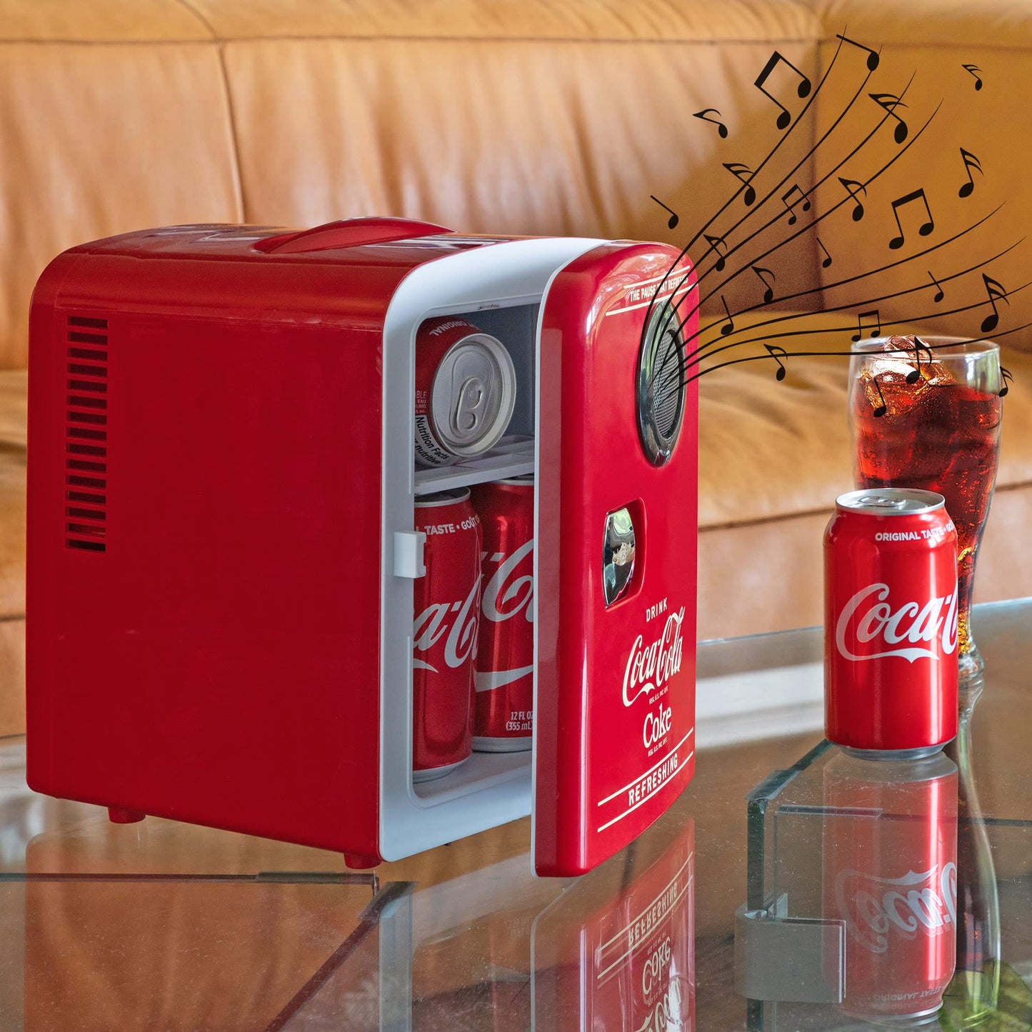 Coca-Cola 12V Portable Bluetooth Speaker Mini Fridge, AC/DC Power Cords Included, Compact Speaker and Personal Cooler/Warmer for Desk Office Dorm