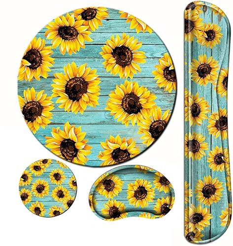 Sunflower Mouse Pad and Keyboard Wrist Rest Ergonomic Wrist pad for Keyboard and Mouse Mat Set 4 in 1 Mousepad with Wrist Support Memory Foam Computer