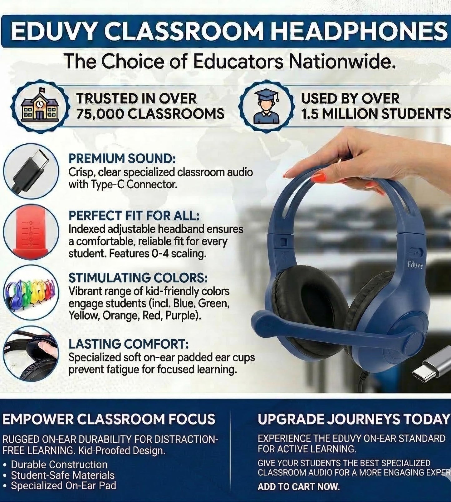 Eduvy Bulk Type C Headphones for Classroom with Microphone. Heavy-Duty School Pack Wired Headphones for Students with Rotating Boom Mic. Fits USB C