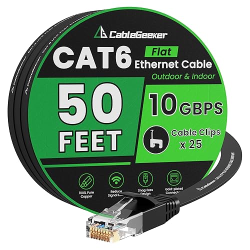 Cat 6 Ethernet Cable 50 ft, Indoor&Outdoor, High Speed 10Gbps Flat Internet Network Cable, Pure Copper Ethernet Patch Cable Long, Computer LAN Cable