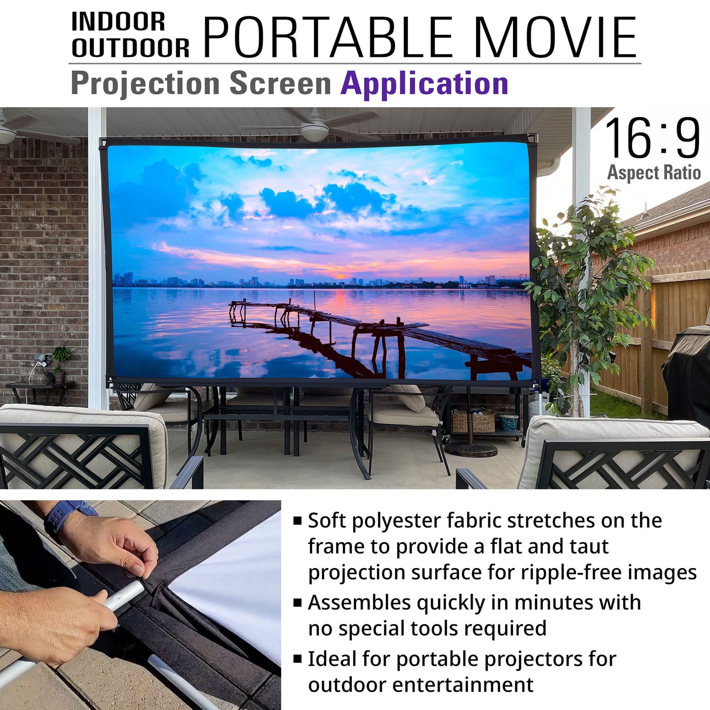 Akia Screens 125 Inch Portable Projector Screen with Stand and Carry Bag, 16:9 Foldable Front & Rear Projection Screen for Indoor & Outdoor Movies