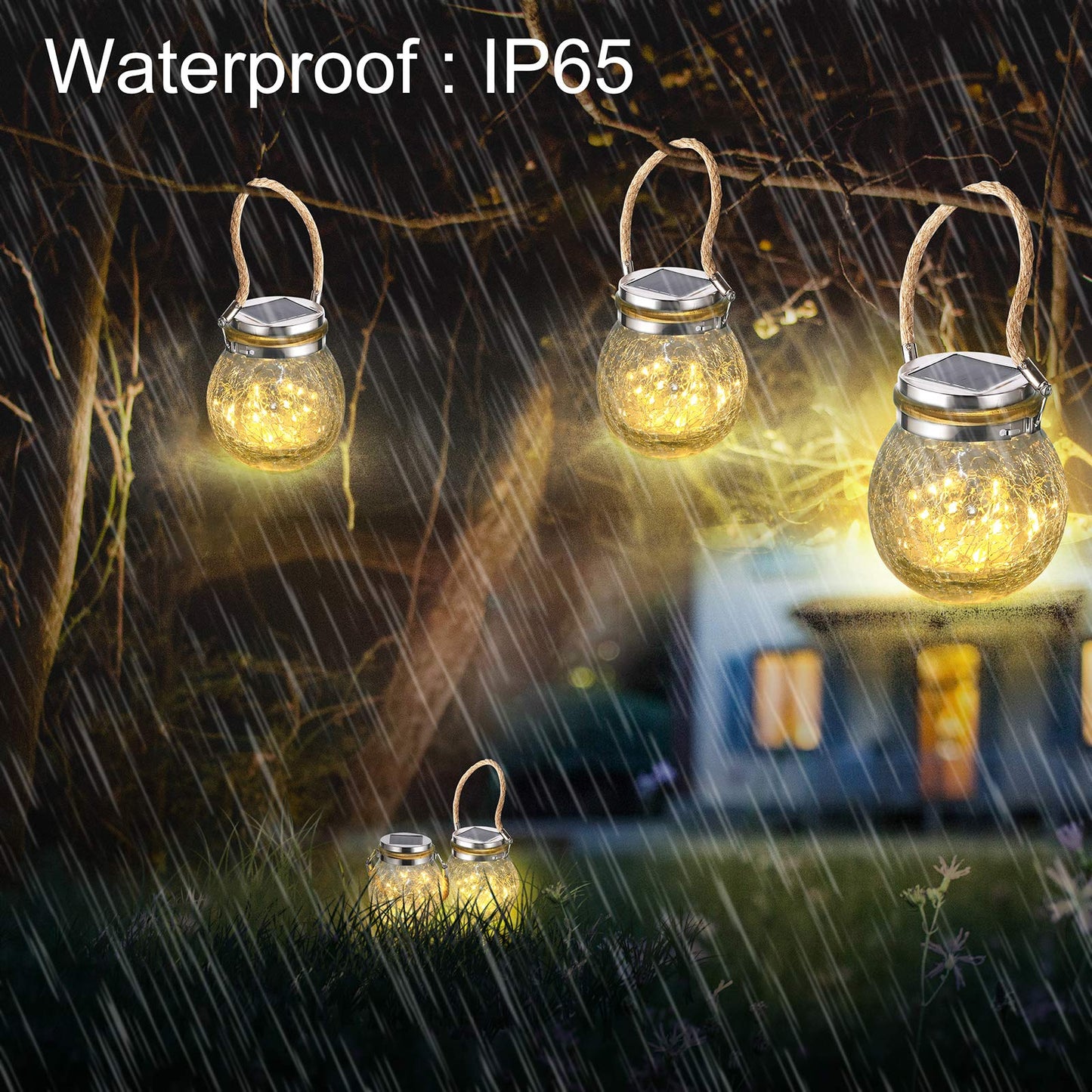 ivSunTEK Solar Hanging Lanterns Outdoor Waterproof, Decorative Cracked Glass Jar Table Lamp with 30 LED Warm White Lights for Garden Tree Courtyard
