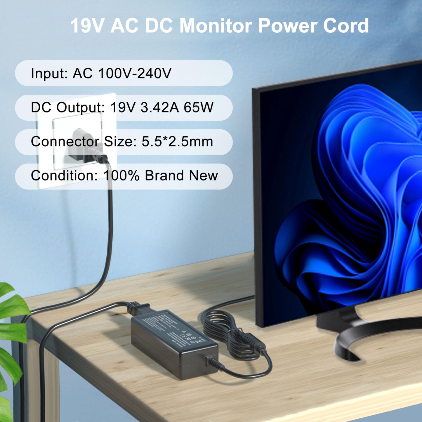 19V Power Cord Compatible with HP Monitor Charger 27es 23es 27xi 27er 27xw 22cwa 22bw 23er 23xw vh240a 24f 24ea 25er 25xi 25vx 27f Monitor Compatible…