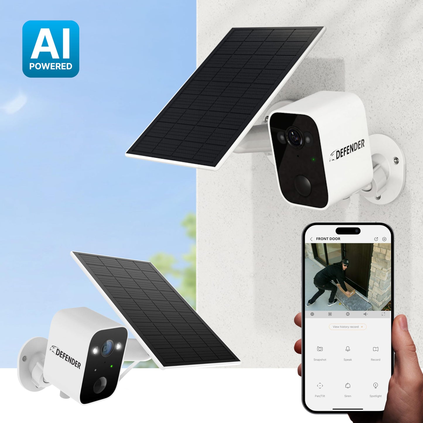 Defender Solar Powered 4K/8MP AI Everwatch Wireless Outdoor Security Camera, Battery Powered, AI Tracking, Color Night Vision, Spotlight/Siren, IP66
