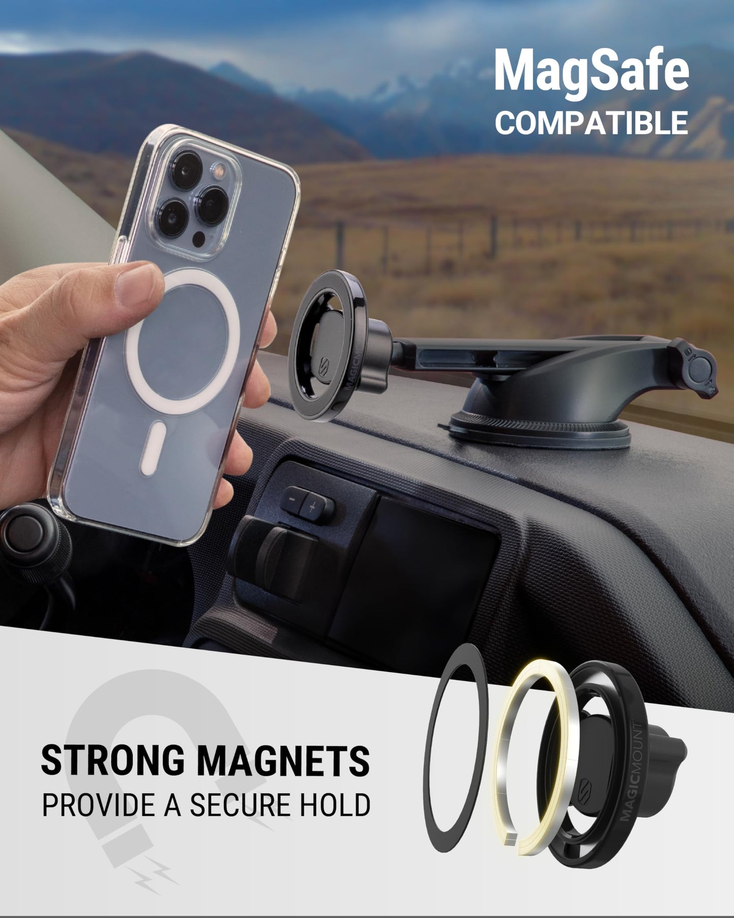 Scosche MagicMount MS Flip MagSafe Phone Stand, Magnetic Cell Phone Holder for Car Windshield/Dashboard, Suction Cup Phone Mount Compatible