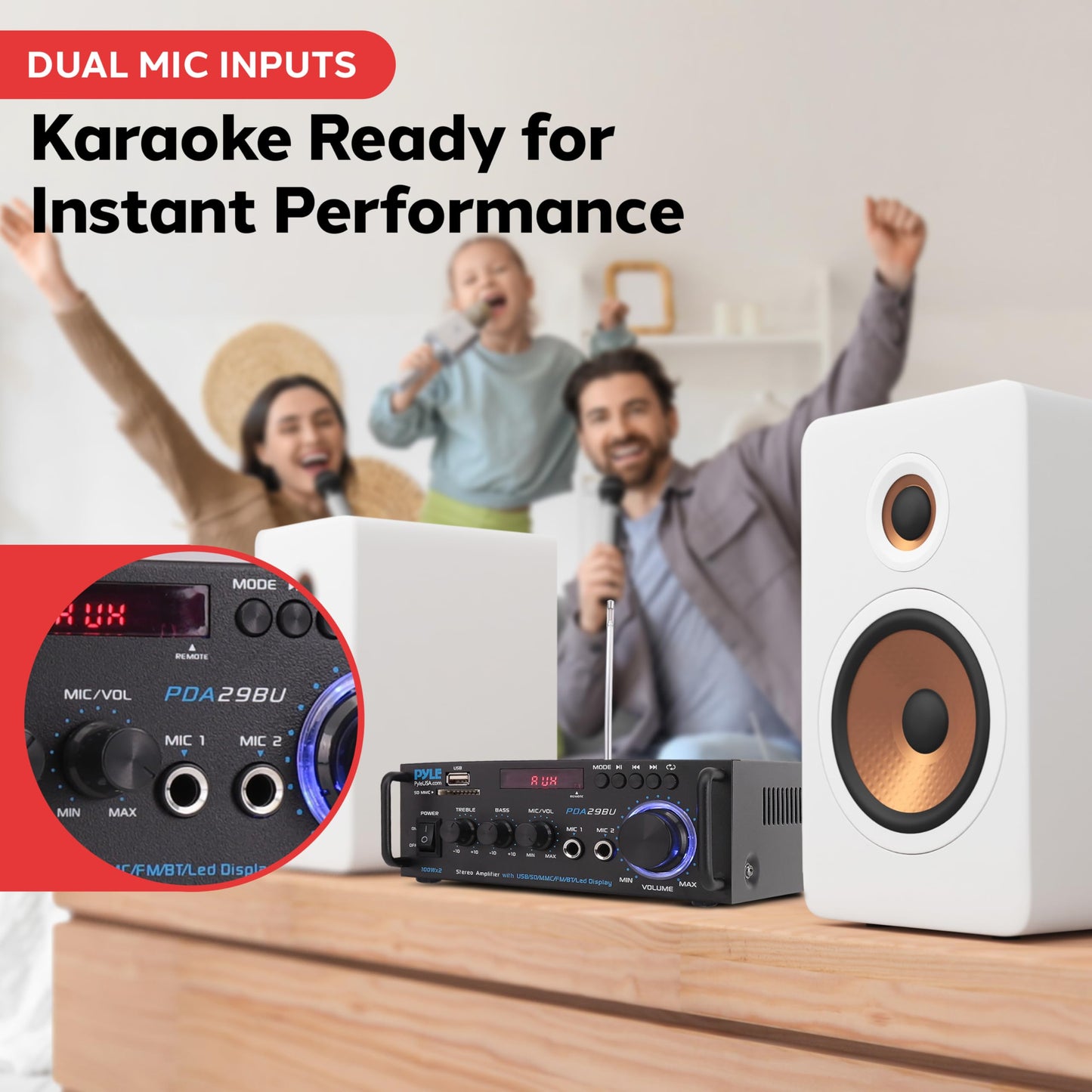 Pyle 200W Wireless Bluetooth Stereo Power Amplifier - 2-Channel Audio Receiver with RCA - USB - SD - MIC IN - FM Radio - Remote Control - AUX Input
