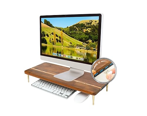CRAFT KITTIES Monitor Stand Wood Riser with 4 USB Ports, Computer Monitor Stand with America Walnut Data Transfer Charging Hub -Compatible
