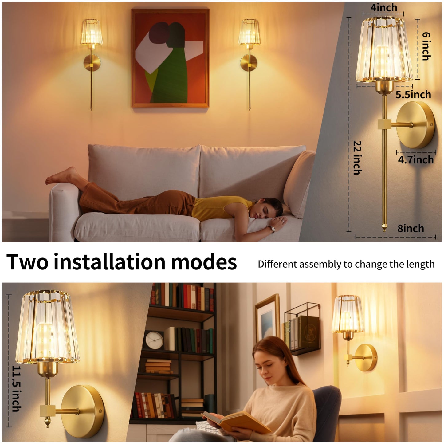 FNHMSL Battery Operated Crystal Wall Sconces Set of 2, Gold Wireless Wall Sconces with LED Light Bulbs 12 Colors Dimmable Remote Crystal Wall Lamp
