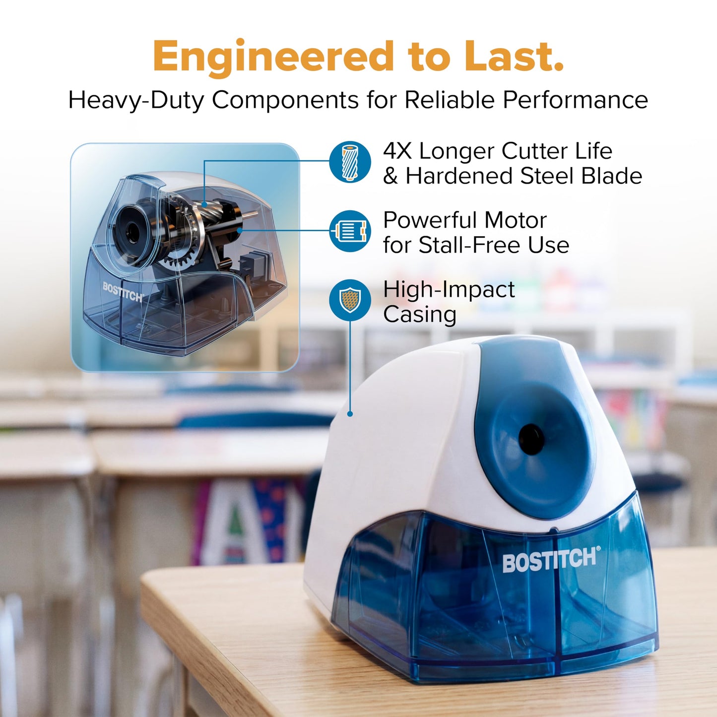 Bostitch Office Electric Pencil Sharpener for Classroom & Desk Use, Heavy-Duty Stall-Free Motor, High-Capacity Shavings Tray, Blue