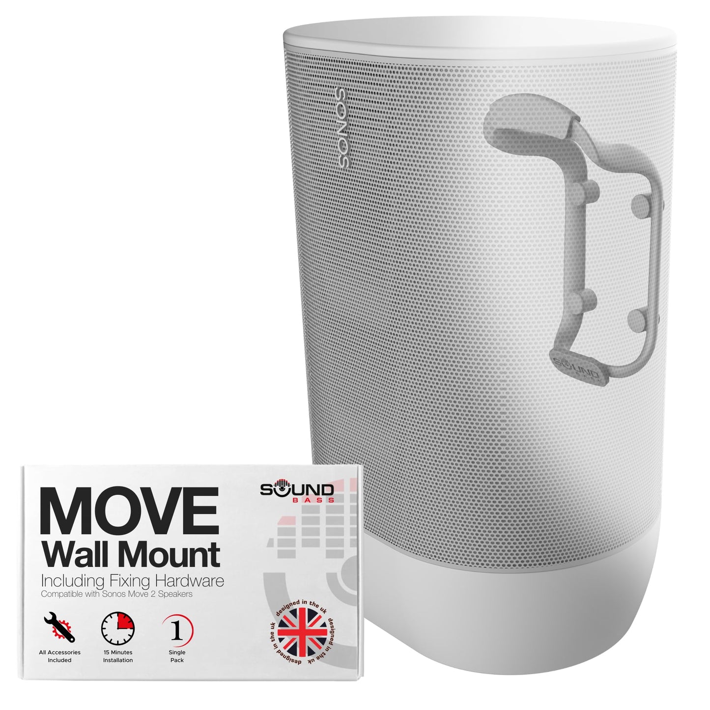Sound Bass Move Speaker Wall Mount Bracket, Weatherproof, Compatible with Sonos Move Version 1 & 2, Including Mounting Accessories, Lunar White