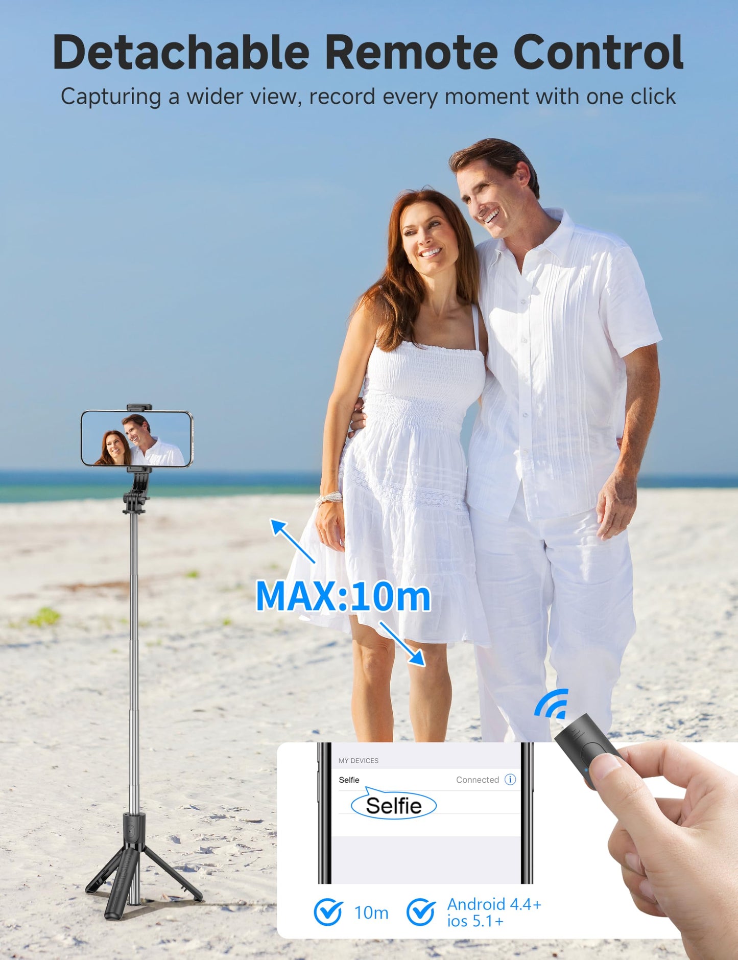 Portable Selfie Stick, 4 in 1 Extendable Phone Tripod Stand with Detachable Wireless Remote & Phone Holder 360° Rotating Mini Travel Tripod Compatible