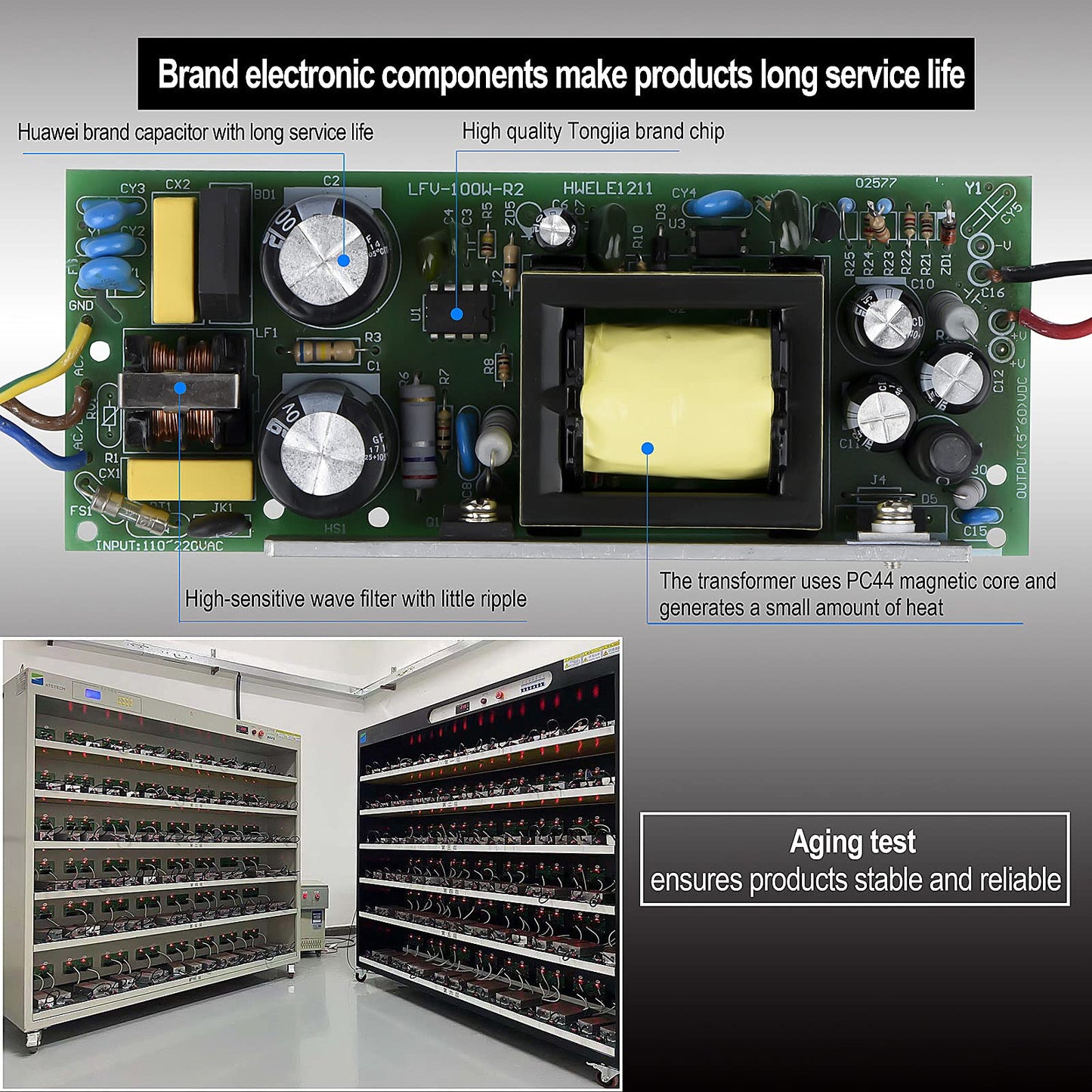 LED Power Supply - 120W IP67 Waterproof, 24V DC for LED Strip Lights, 100V-265V AC Input, 3-Prong Plug with 3.3 Feet Cable