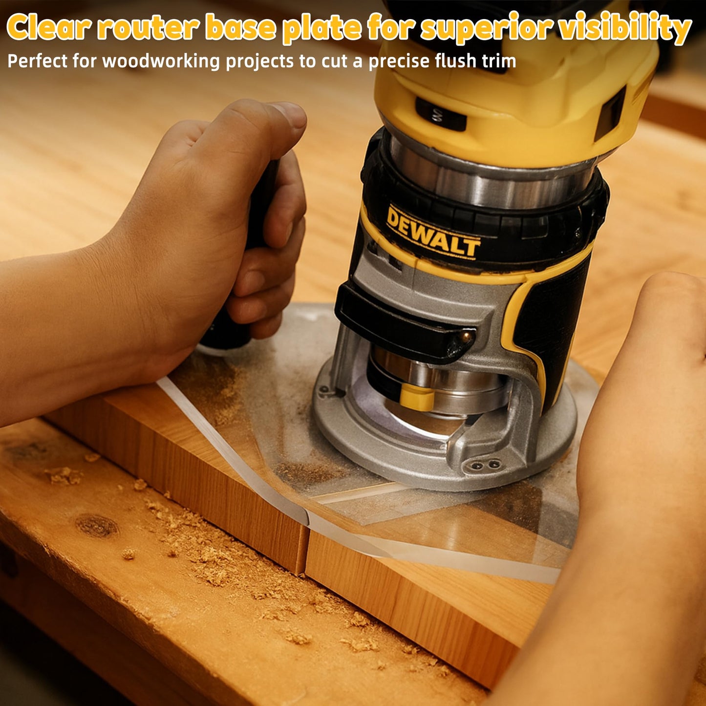 Clear Acrylic Router Base Plate with Dual Handles - Fits DeWalt DWP611 & DCW600B Compact Routers, Works with Standard Guide Bushings, 6" x 10", 3/8"
