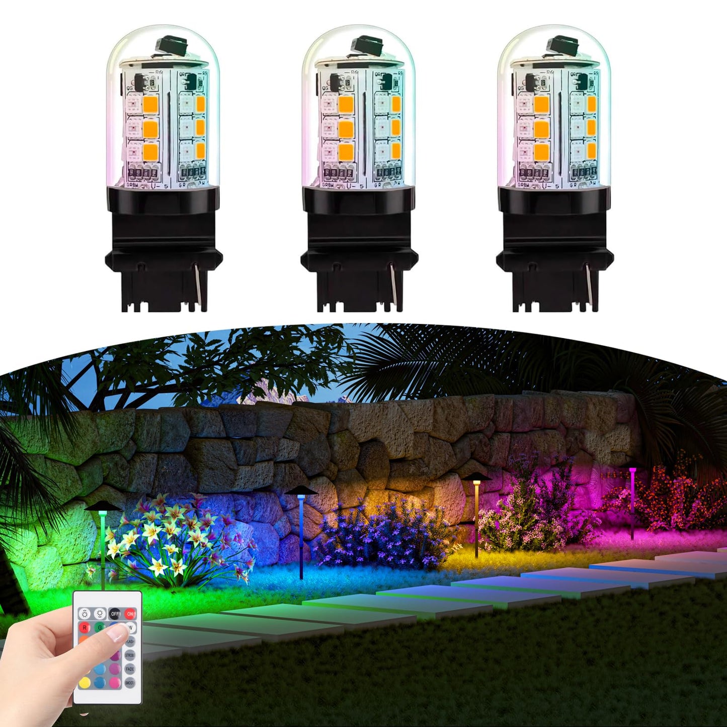 Makergroup RGB S8 3156 Wedge Base LED Light Bulbs Color Changing, Warm White+15 Multi-Colors and Dimmable on Remote Control, Weatherproof for Outdoor