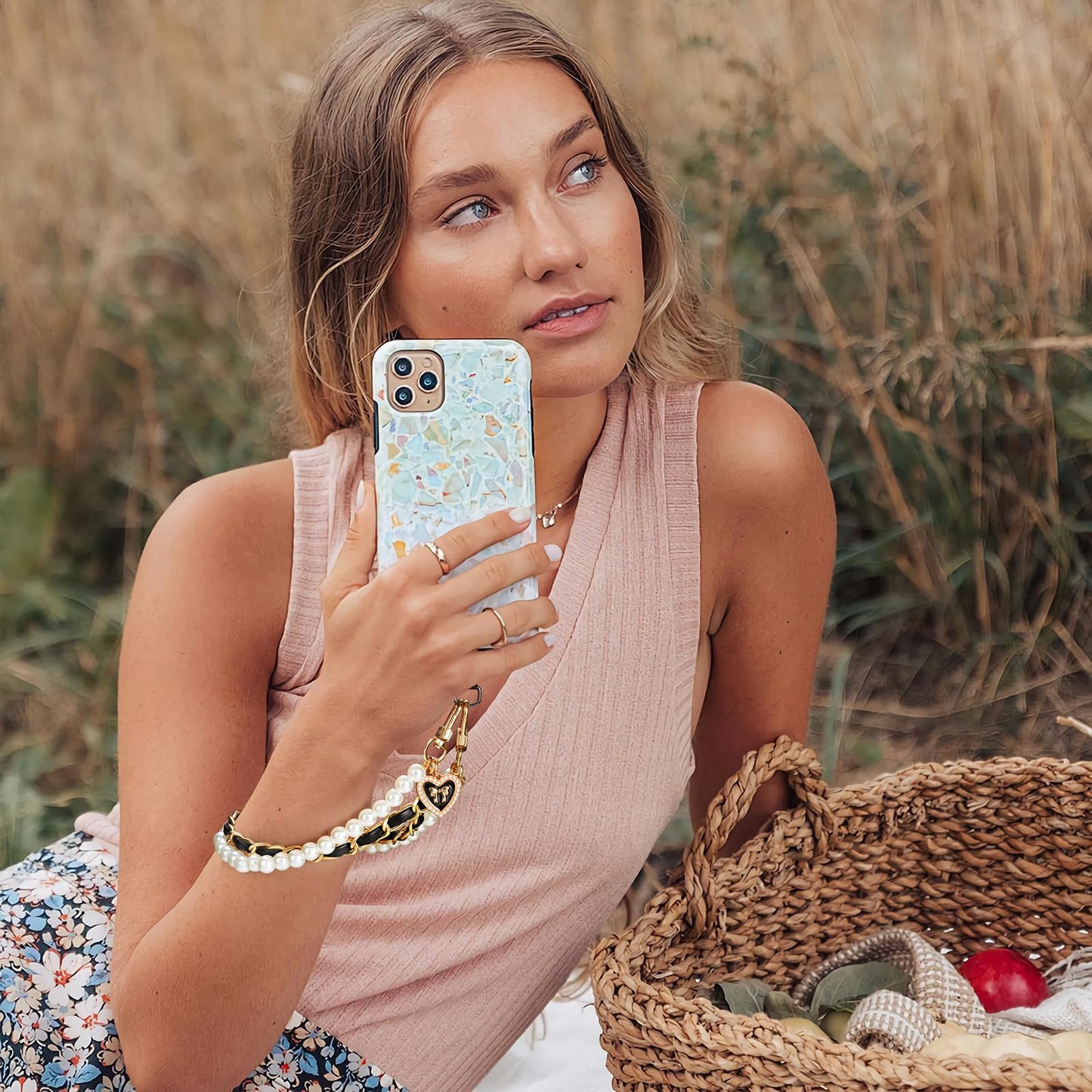 TiMOVO Stylish Phone Wrist Strap with Beaded Design, Detachable Wristlet for Phone Case with Tether Tab, Hands-Free Charm Bracelet Strap for Women