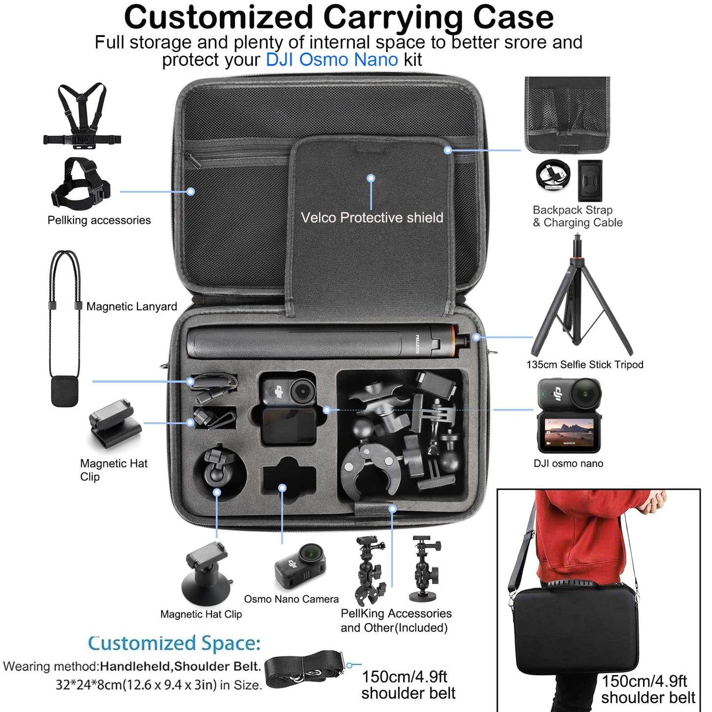 PellKing Accessories Kit for Osmo Nano,Included Carrying Case with Belt,135cm Selfie Stick Tripod with Magnetic Mount,Suction Cup,Magnetic