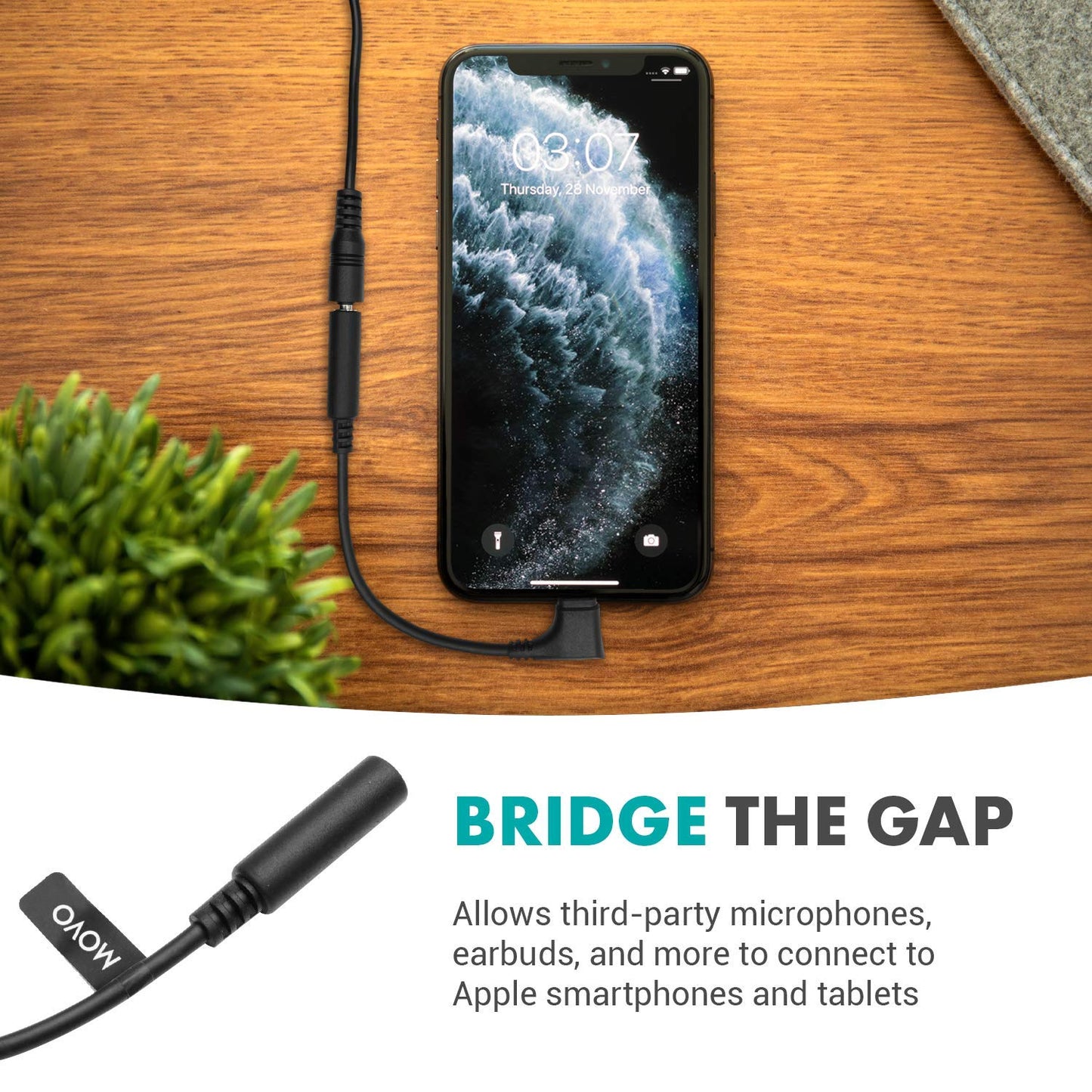 Movo IMA-3 Female 3.5mm TRRS Microphone Audio Adapter Cable to Right-Angle Lightning Dongle - Headphone Adapter Compatible with Apple iPhone and iPad