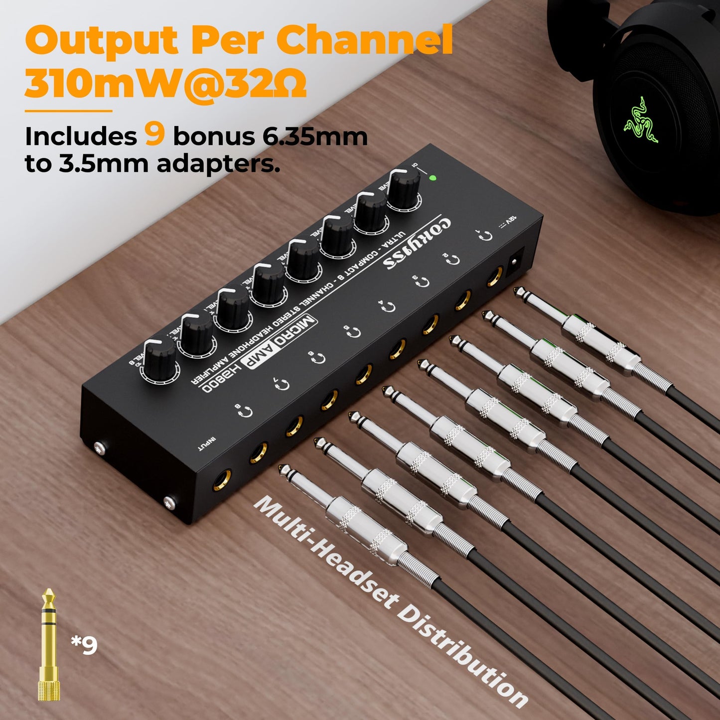 COKYISS® 8-Channel Headphone Amplifier with 9 Adapters - Portable Ultra-Low Noise Multi-Port Stereo Headphone Distributor (8 Output/1 Input)