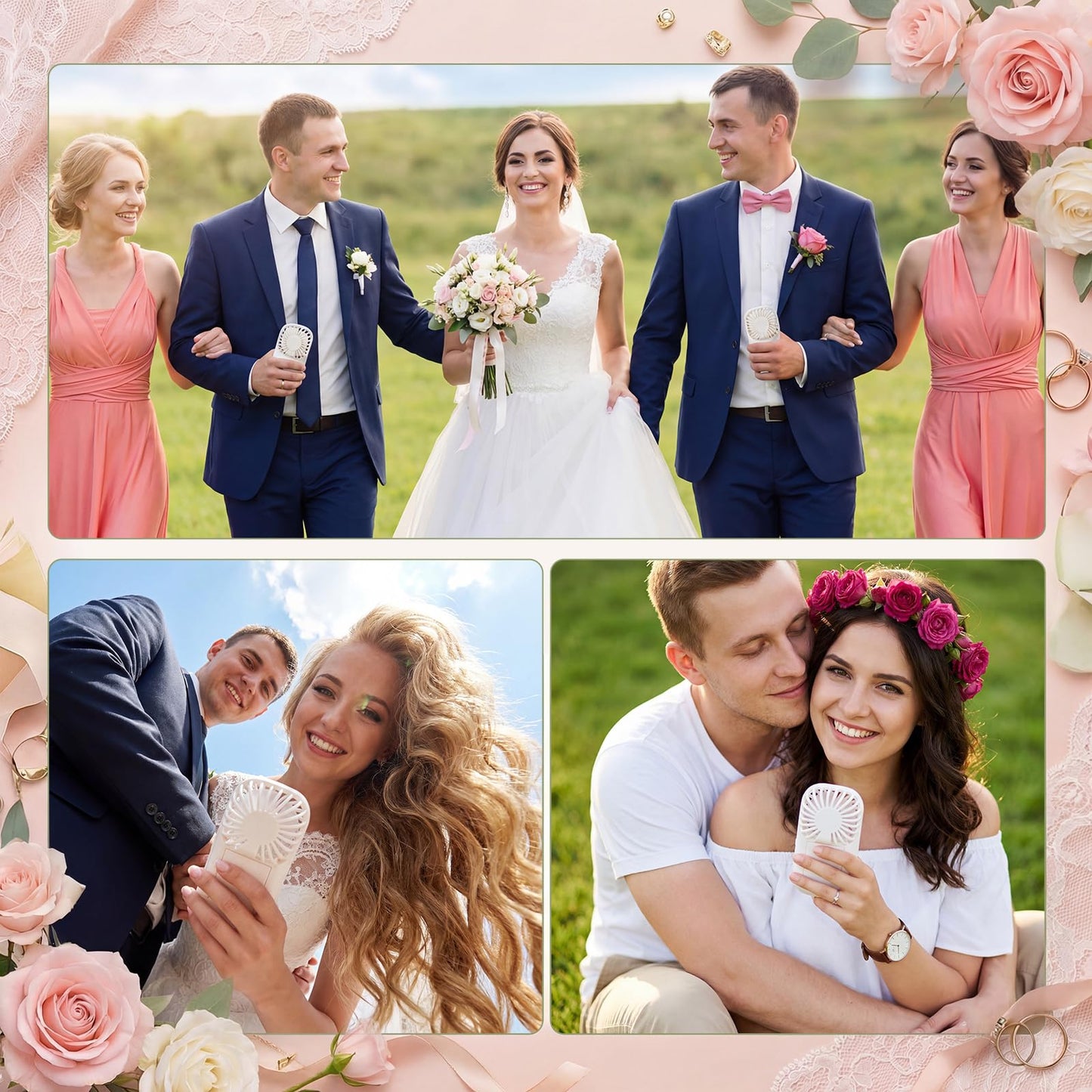 Mudder 50 Set Bulk Mini Handheld Fans for Wedding Guests 3 Speed Battery Operated Fan (Batteries Not Included) with Card Gift Bag for Bridal Party