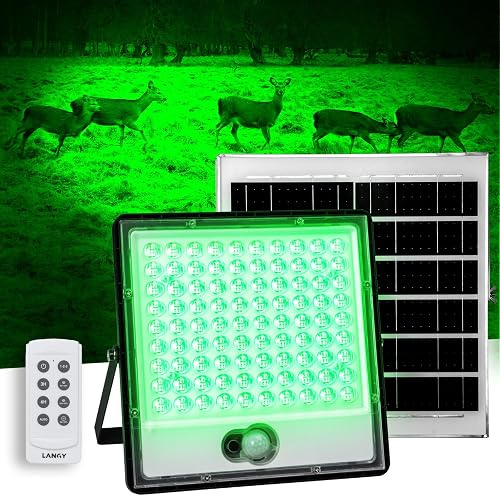 LANGY Hog Lights for Night Hunting, Solar Flood Light 12000LM Green hog Light with Remote, Motion Activated Feeder Lights, Green Solar Lights