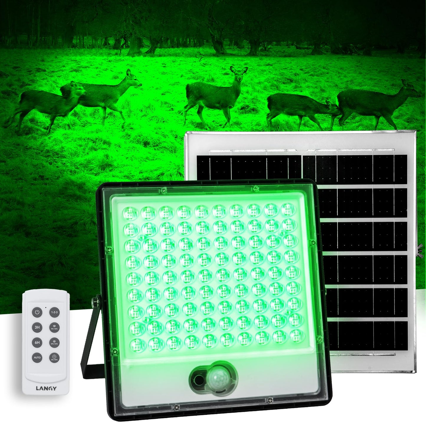 LANGY Hog Lights for Night Hunting, Solar Flood Light 12000LM Green hog Light with Remote, Motion Activated Feeder Lights, Green Solar Lights