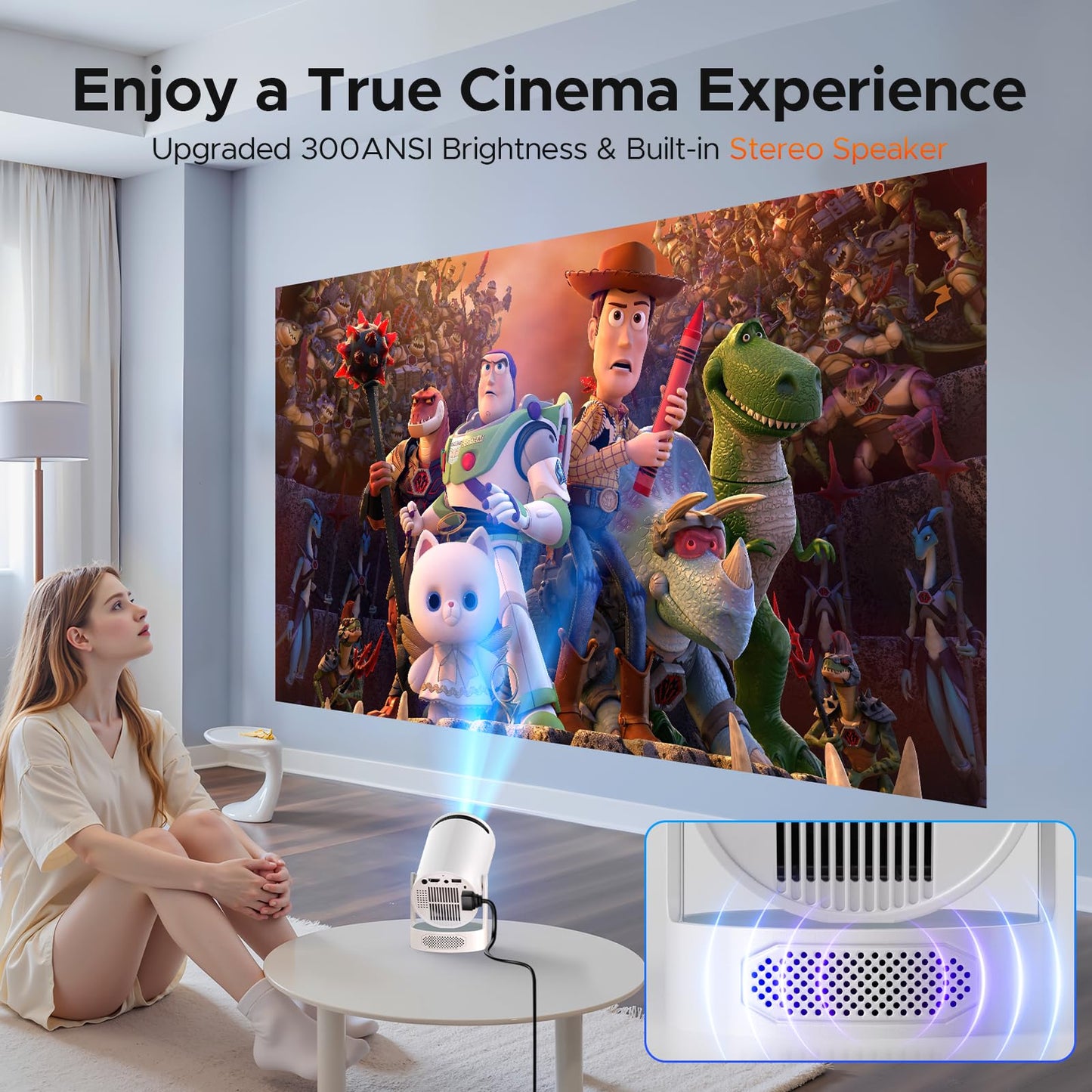 Mini Projector with WiFi and Bluetooth, Smart Portable Movie Projector 4K Support, 300 ANSI, 5W Base Speaker, 220° Rotation, Auto Vertical Keystone