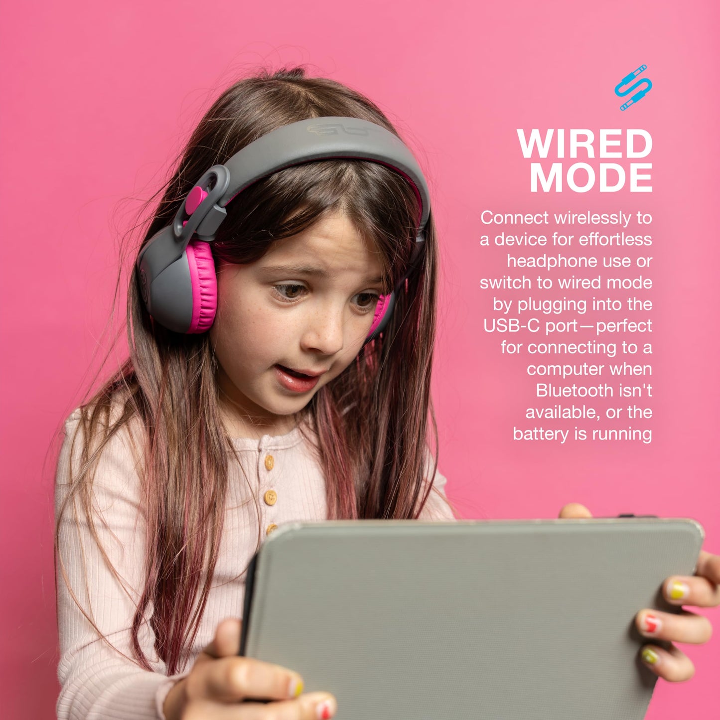 JLab, JBuddies Studio 2, Kids Headphones, Wireless Bluetooth On Ear, Volume Limiting, Foldable, Grey/Pink